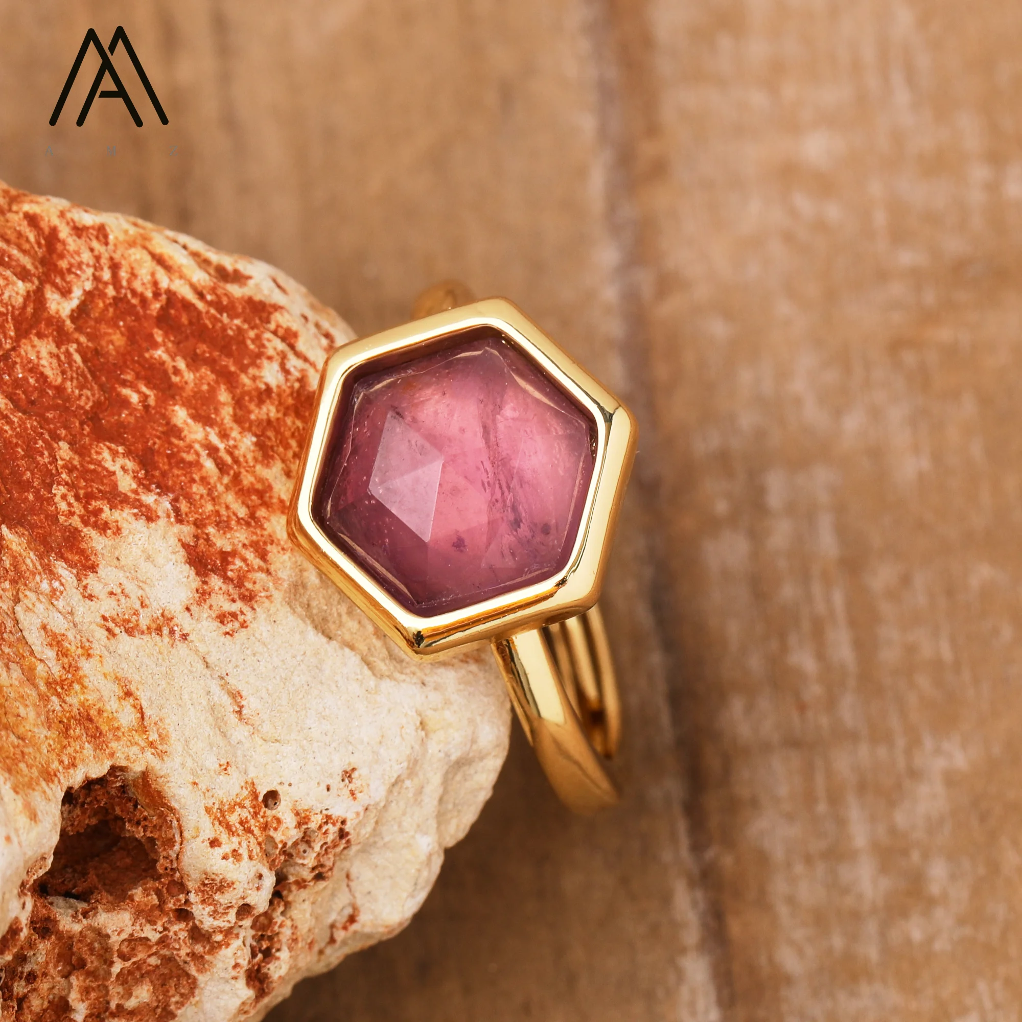 Classic Rings Amethysts Healing Crystal Stone Hexagonal Ring Gold Plated Jewelry Trendy Gifts Top Quality