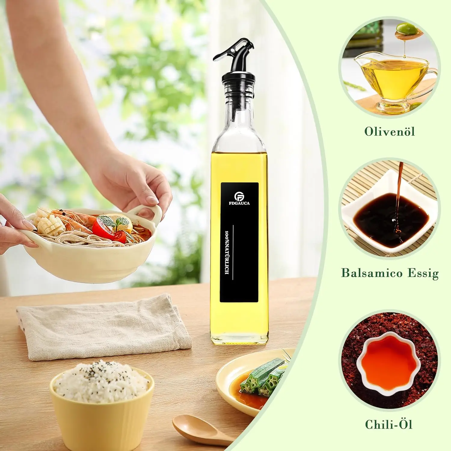 160 ml Ölflasche aus Glas, auslaufsicher, für die Küche, Gewürze, Sojasauce, Essigflasche, transparente Olivenölflasche mit schwarzen Etiketten – Detail 7