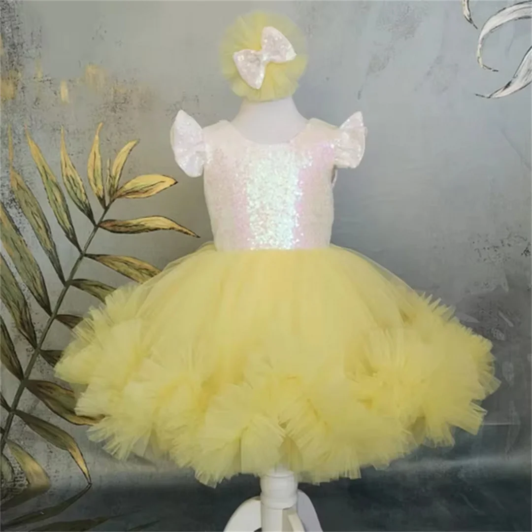 Customized Flower Girl Dresses For Wedding Princess Glitter Sequined Pageant First Communion Gowns With Bow