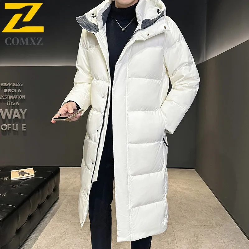 COMXZ Casual Hooded Men Down Jacket Commuting Office Thick Warm Parka Pure Color Exploration Cold Protection Winter Down Coat