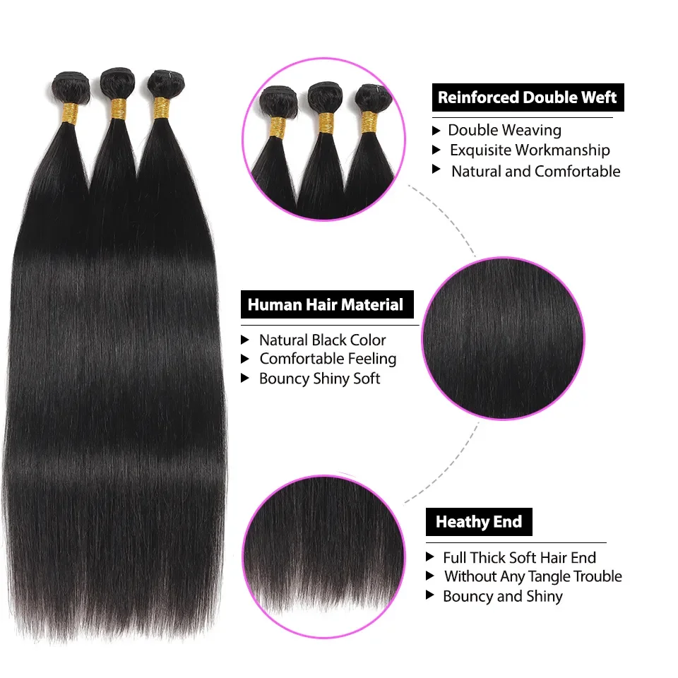 Pacotes retos do cabelo humano, Virgin Hair Weave Bundles, extensões malaias do cabelo, cabelo cru, preço de atacado, 30 in