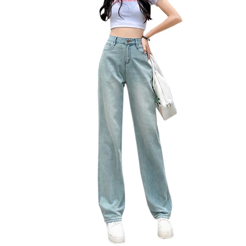 Light blue straight jeans female summer thin section high waist thin drape loose versatile small wide-legged drag pants