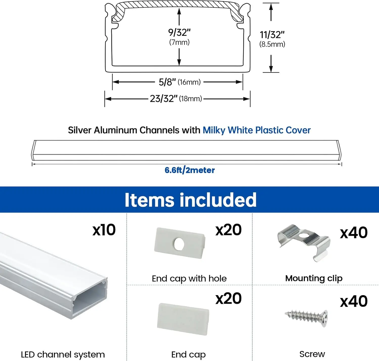 Muzata 10Pack 6.6Ft/2M Wider Led Channel Fit Waterproof Led Strips Up To 16Mm Silver Aluminum Led Diffuser Channel Led Strip