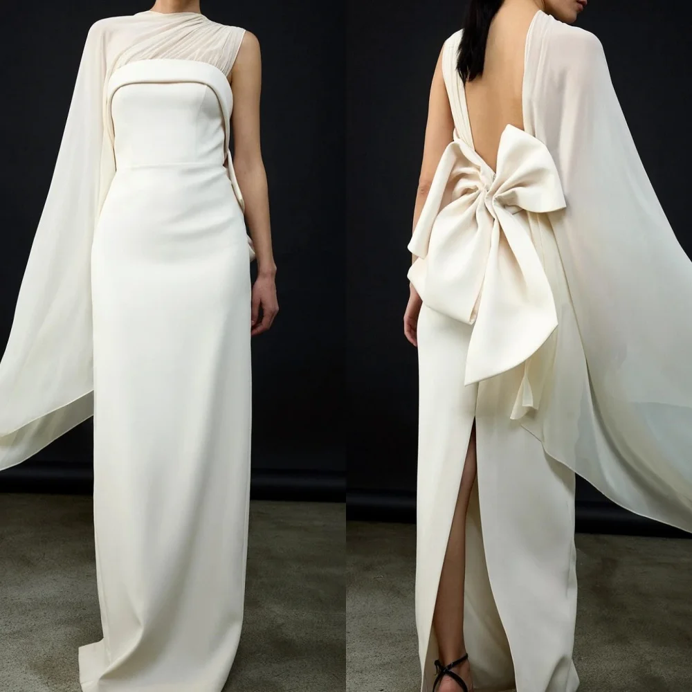 

Customized Fashion Simple Jersey Bow Pleat Straight High Collar Long Dresses Bespoke Occasion Dresses Sizes Available Formal