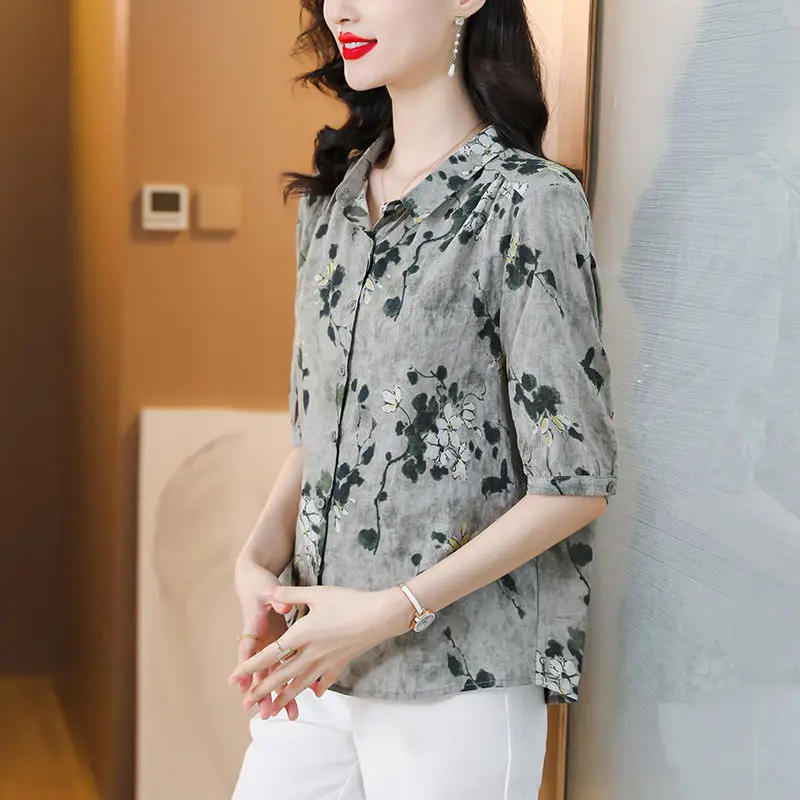 Women Summer Chinese Style Fashion Loose Printing Polo-Neck Short Sleeve Shirts Women Clothes Casual All-match Appear Thin Tops