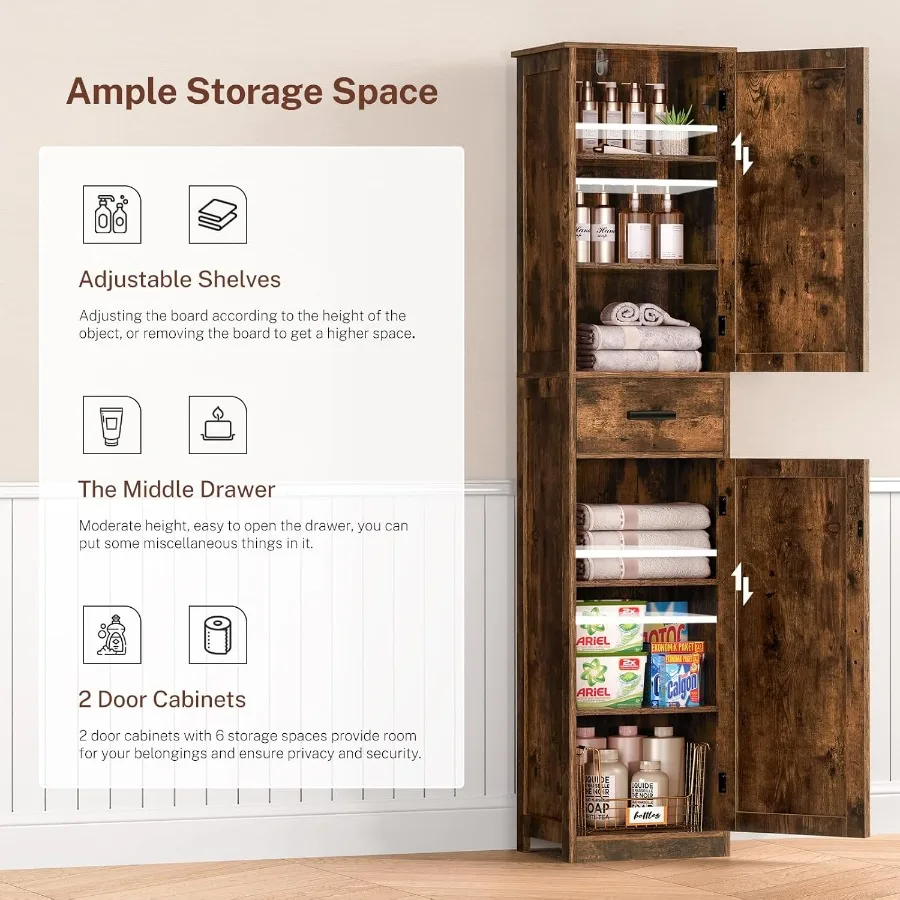 خزانة تخزين طويلة مع 6 أرفف ودرج لغرفة المعيشة في الحمام أو المكتب المنزلي بتصميم ضيق مع أرفف قابلة للتعديل Ru #5