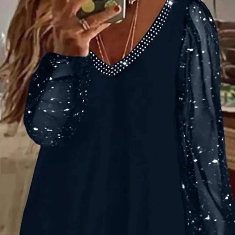

2025 New Summer Fashion V-neck Rhinestone Top Shirts with Pleated Long Sleeves Elegant Ladies Casual Daily Vacation Blouses