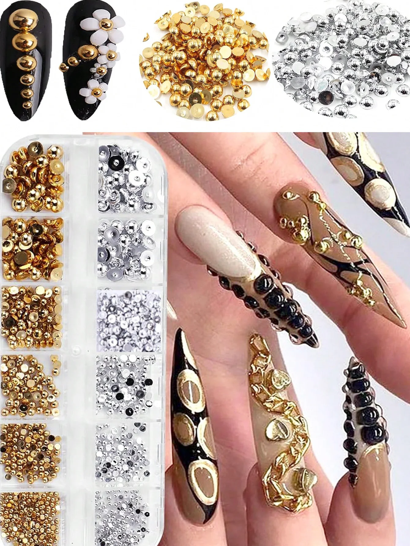 ลูกปัดตกแต่งเล็บทรงครึ่งวงกลม 12 ช่อง สีทอง+เงิน เมทัลลิก แบบแบนหลังเรียบ ขนาดผสม