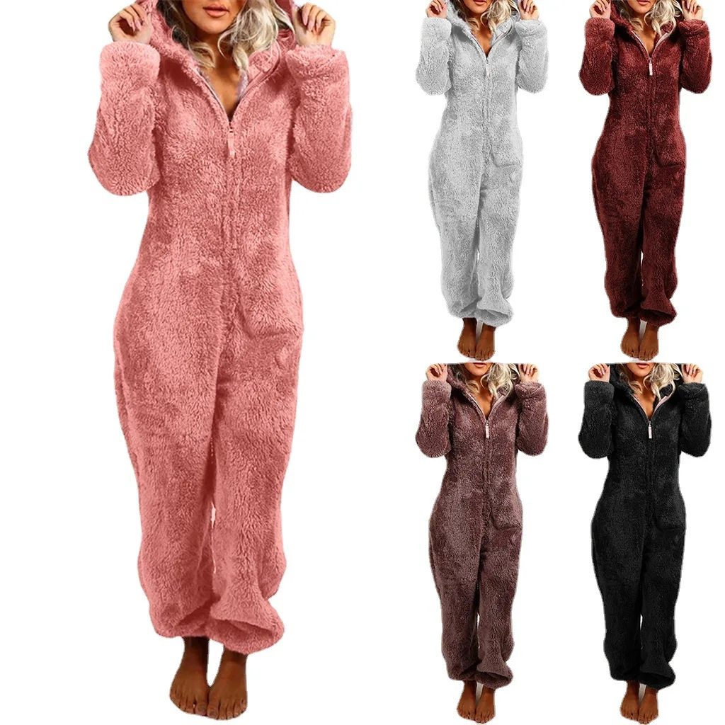 Women's Winter Warm Pyjamas Girls Onesies Fluffy Fleece Jumpsuits Nightwear Overall Hooded Sets Pajamas for Female Big Size