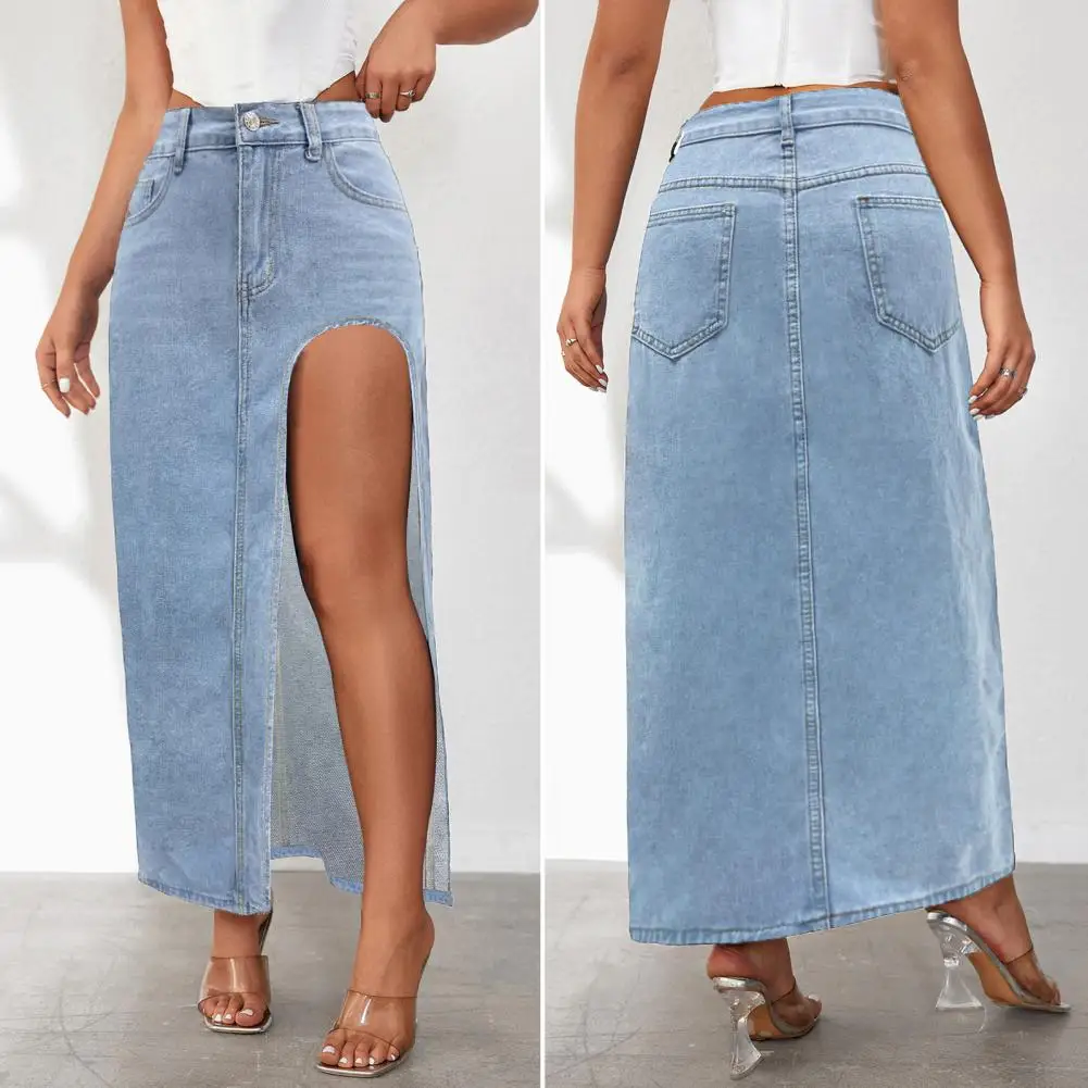 

Long skirt cowboy high waisted half length with irregular split buttons skirts for women clothes jean summer