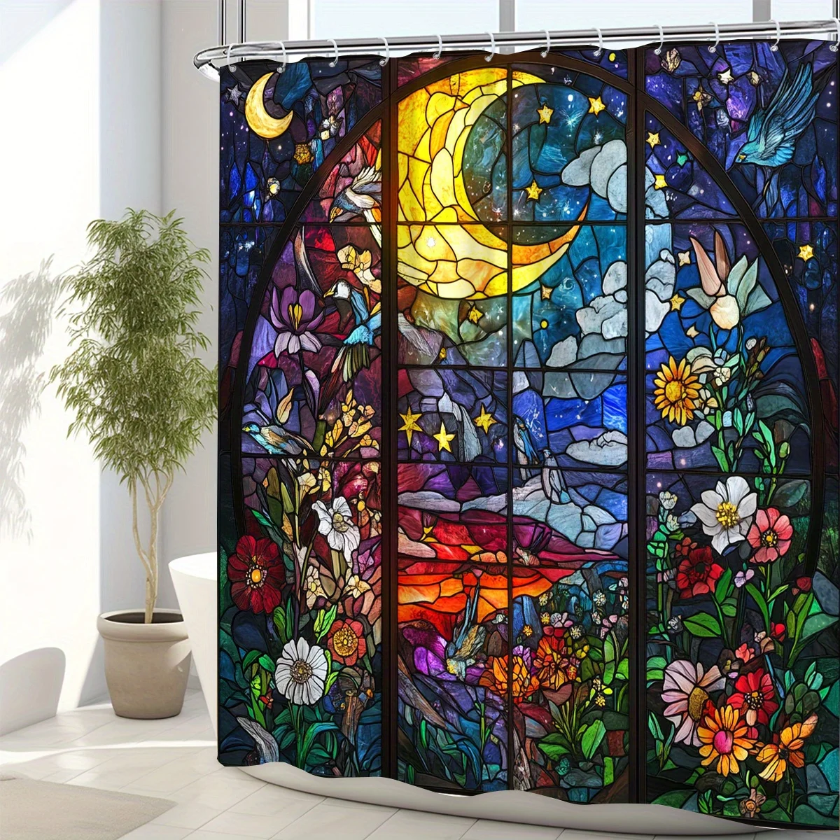 

Водонепроницаемая занавеска для душа с витражами и луной и цветами — очаровательный дизайн для мечтательного декора ванной комнаты
