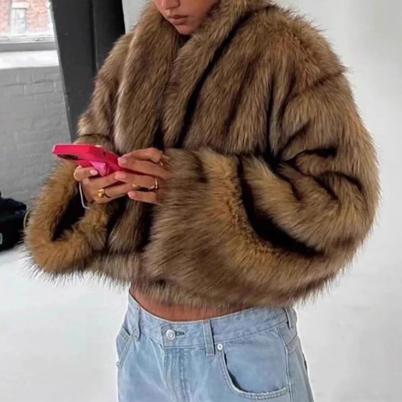 TARUXY-abrigo corto de piel de zorro para mujer, chaqueta Retro de manga larga para otoño e invierno, chaqueta de piel sintética, cárdigan de felpa de estilo callejero a la moda para mujer