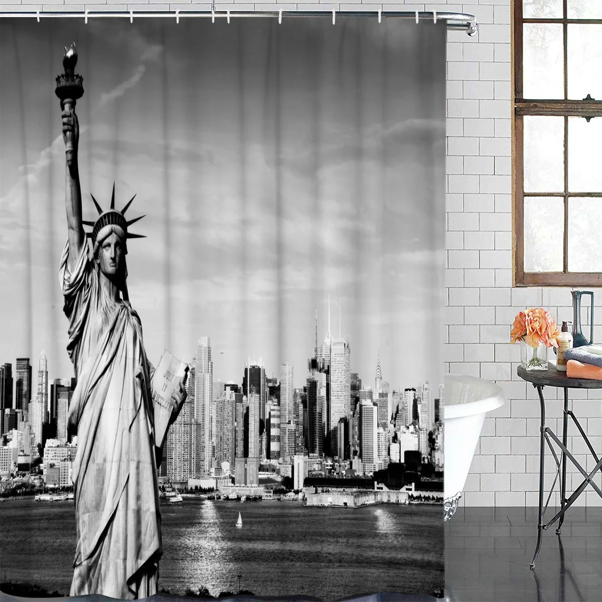 Statue Of Liberty Black White Waterproof Bathroom Decoration Shower Curtain With Hook Bathtub Curtains Bathroom Accessories