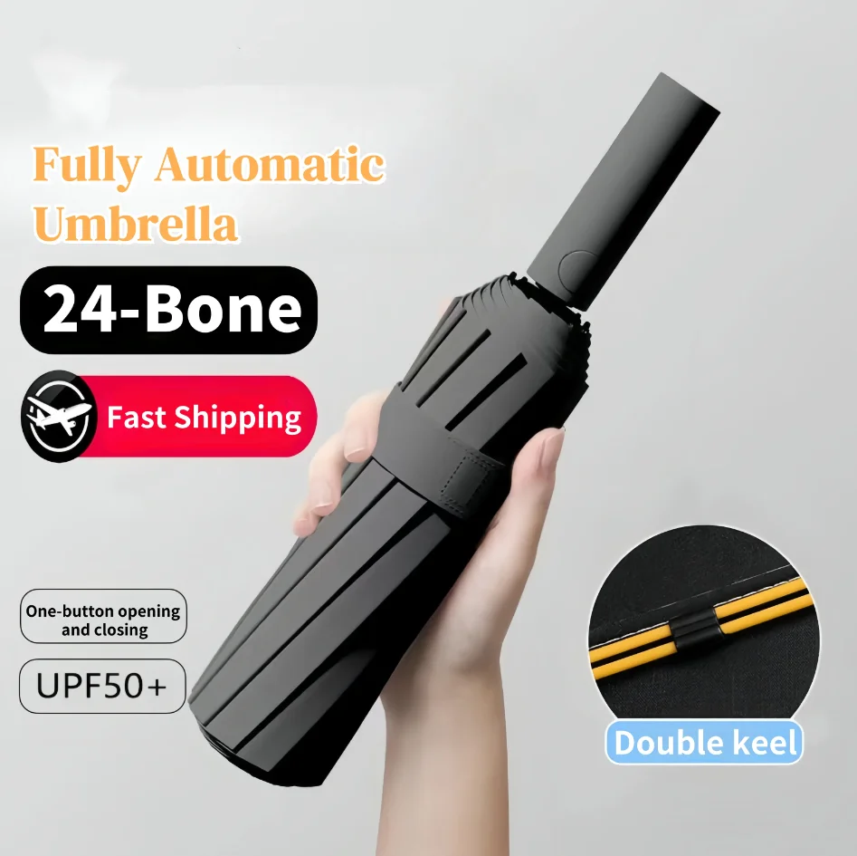 24 Bone Fully Automatic Umbrella Double Bone Folding Umbrella For Sun UV Protection Rain Resistance Strong Wind Resitance