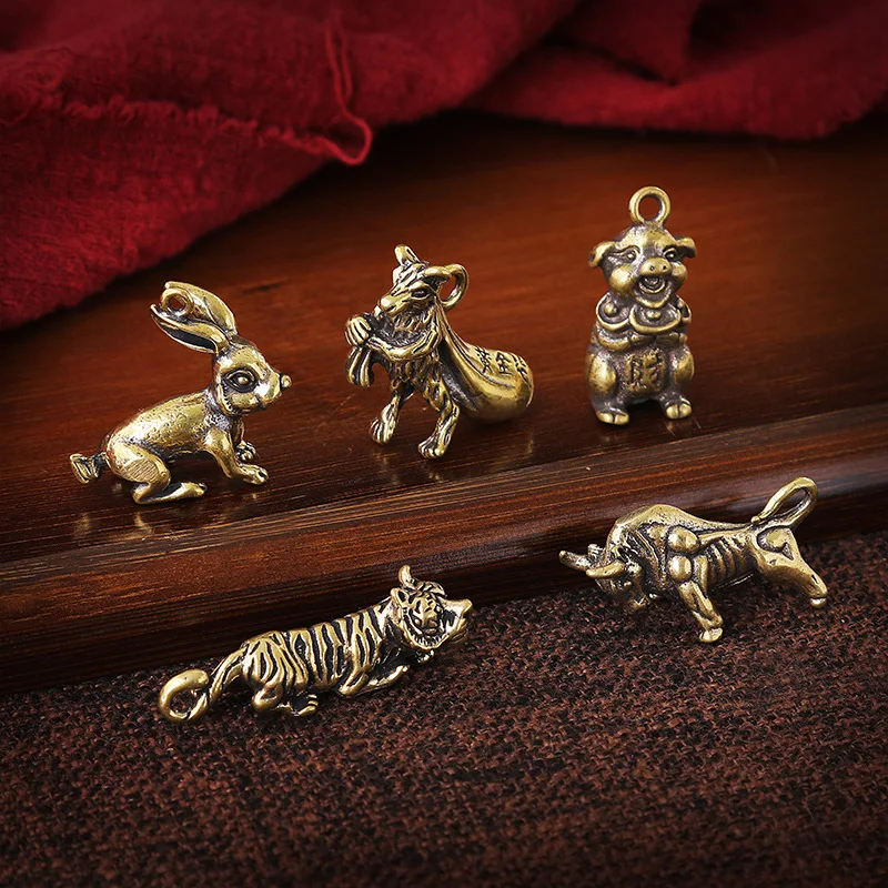 Chinese Style 12 Zodiac Mini DIY Keychain Funny Brass Pendant Creative Desktop Animal Ornaments Adult Children Backpack Charms