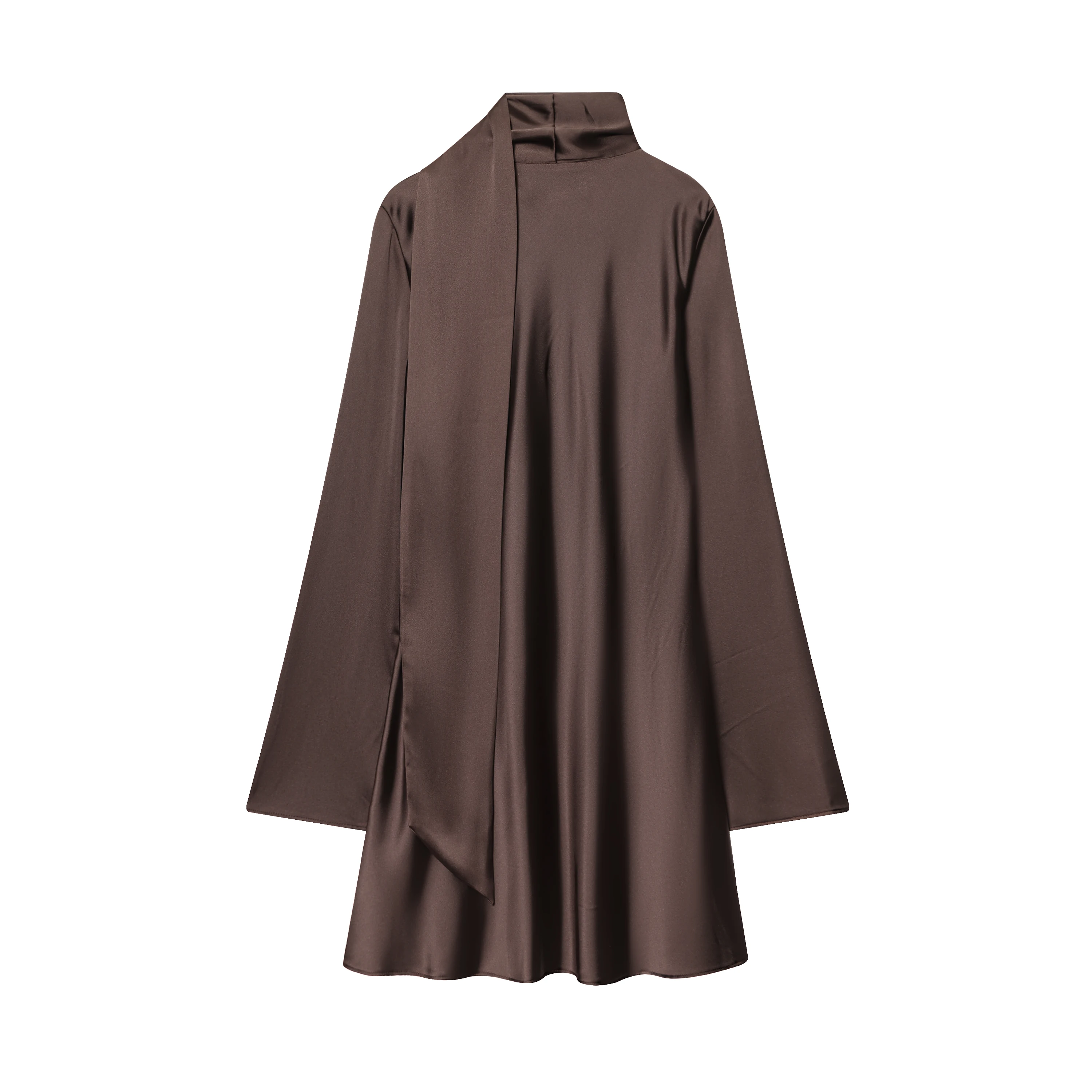 BSAY فستان ستان بني ملابس نسائية 2025 خريف جديد وشاح الديكور الفرنسية أنيقة الخامس الرقبة طويلة الأكمام ألف خط فساتين صغيرة #3