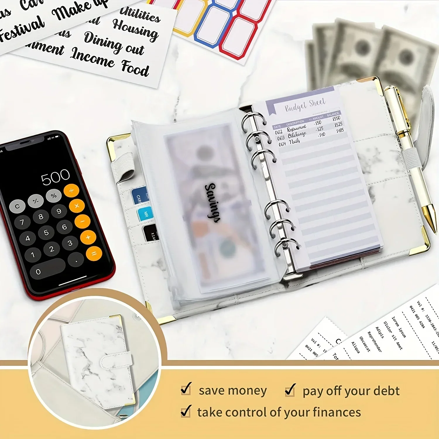 

Leather Card, Organizer Planner Zipper Binder Budget Saving For Envelopes,pu Money Cash Coupon Bills With