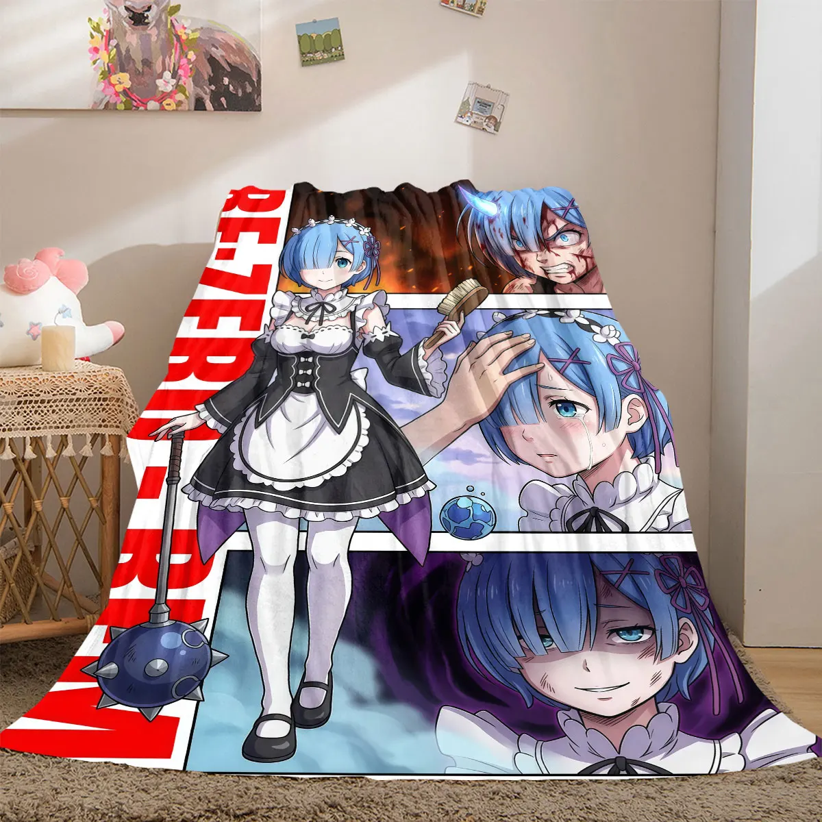 ReZero Smart 2D Print Flannel Blanket, Cartoon Decorative Pattern, Soft Warm Bedding Travel Blanket_LIAN