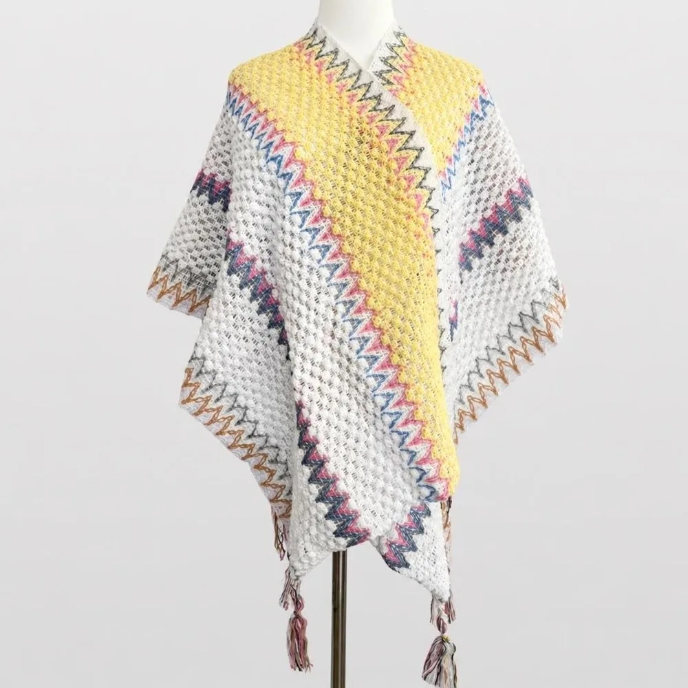 Casual Color-block Striped Bohemian Knit Poncho Tassel Ethnic Boho Tassel Poncho Boho Pullover Ethnic Style Shawl For Women