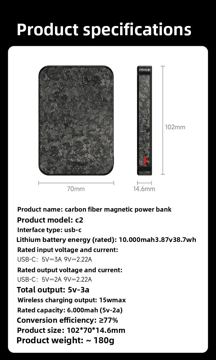 แบตเตอรี่สำรองแม่เหล็กคาร์บอนไฟเบอร์แบบบางพิเศษ รองรับ MagSafe ชาร์จไร้สายเร็ว 15W สำหรับ Apple แบบติดหลัง C2C3