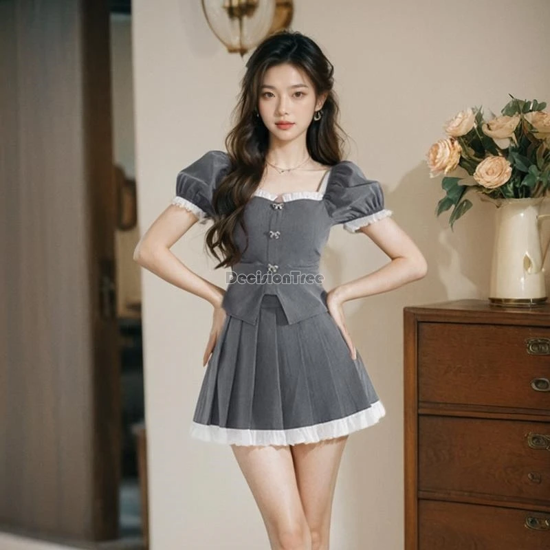 2024 spicy girl lace patchwork jk uniform set chic bubble sleeve slimming shirt new chinese style sweet versatile pleated skirt