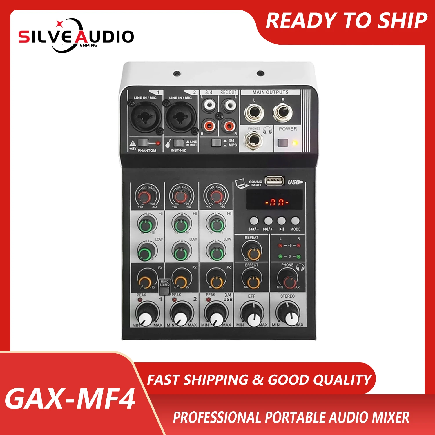 

GAX-MF4 Portable 4 Channels mixer console Best Price Audio Mixer Mini Family KTV 48v USB/BT Effects Record