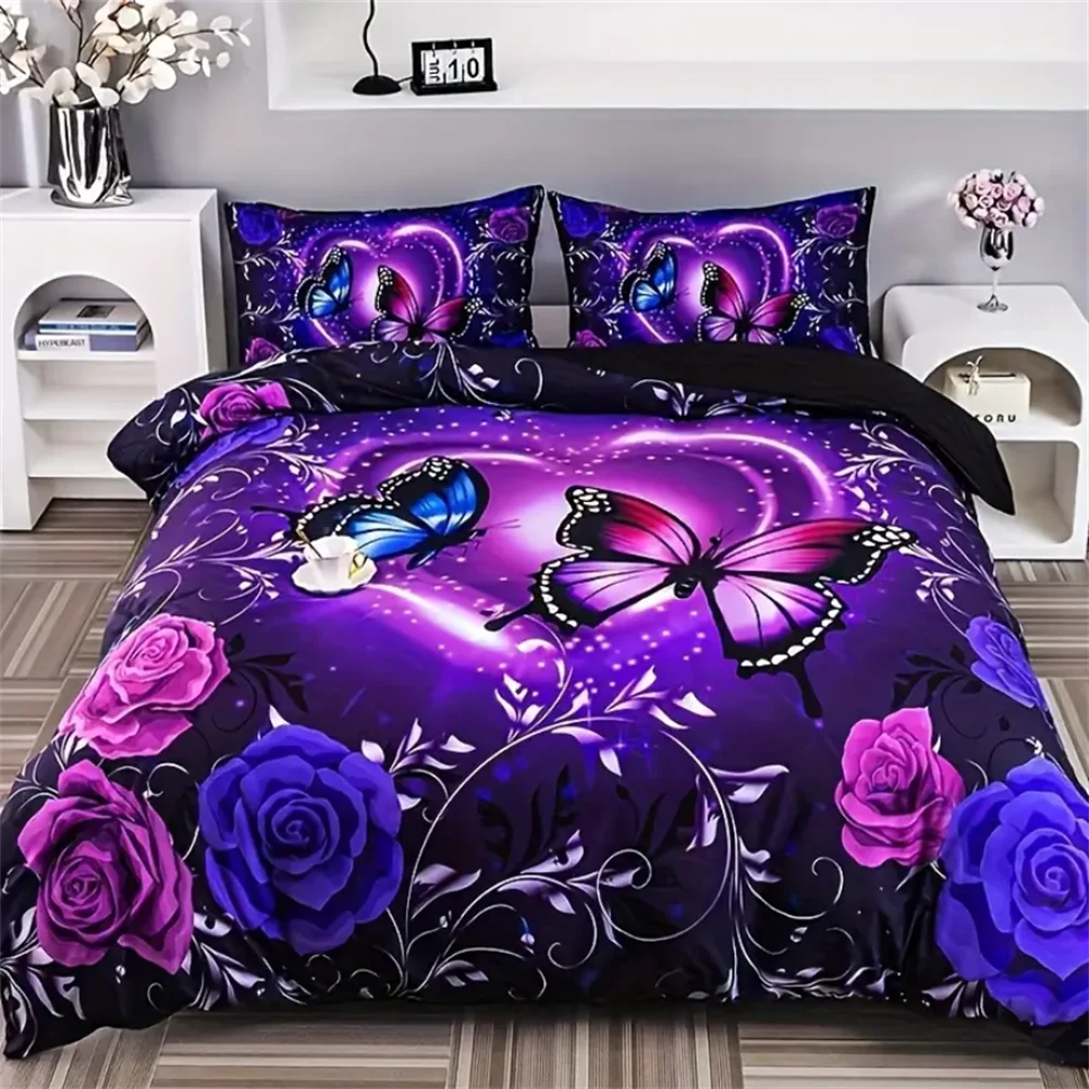 3-Piece Butterfly Flower Duvet Cover Set - Soft, Comfortable, Fashionable Digital Print Bedding With Classic Design - Ideal For