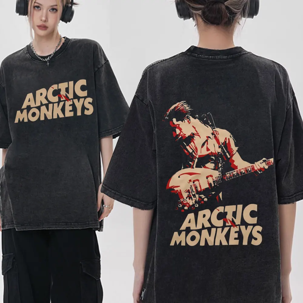 

Wash Vintage Rock Band Arctic Monkeys Double Sided Print T Shirts Fashion Casual Oversized Washable T-shirt Men Women Streetwear