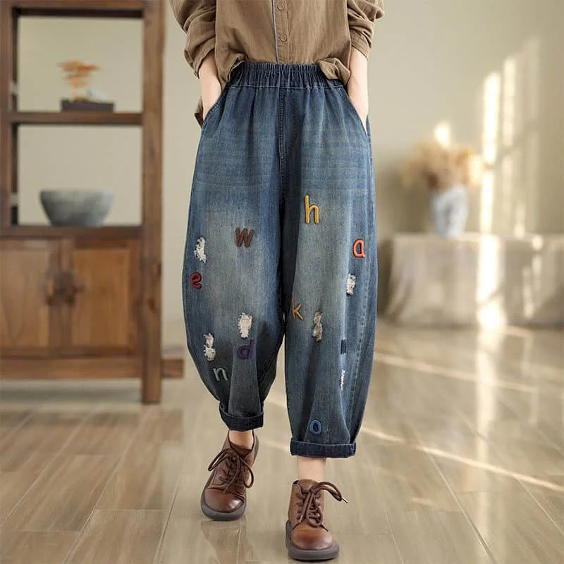 

Брюки-шаровары, художественные джинсы с эластичной резинкой на талии, свободные повседневные винтажные джинсовые брюки в корейском стиле Harajuku, женская одежда, мешковатые брюки