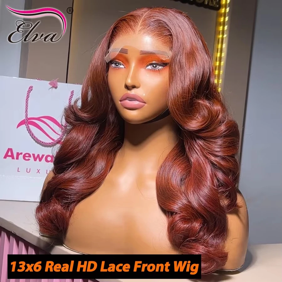 الزنجبيل البني غلوليس 9X6 ريال HD إغلاق الباروكات شعر الإنسان موجة فضفاضة الباروكات فراق عميق جاهزة للذهاب غير مرئية HD الدانتيل تذوب جلود