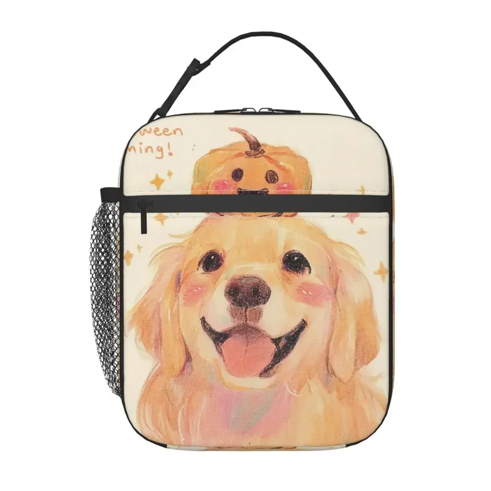 Cute Golden Retriever With A Pumpkin On Top Insulated Lunch Bag for Women Children Leakproof Food Boxes Thermal Lunch Box Tote
