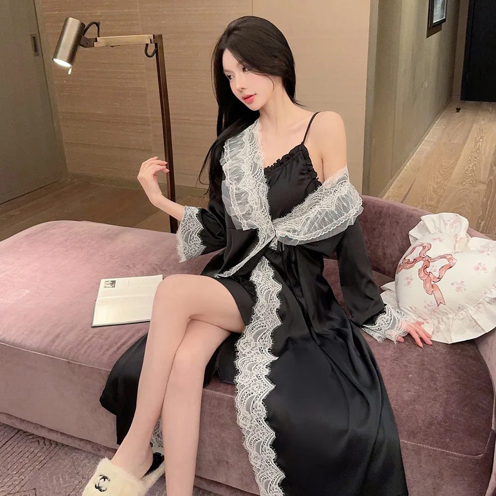 

Sexy Lace Trim Robe Gown Set Summer Sleepwear Kimono Bathrobe Nightgown Suit Women Casual Satin Home Dress Loungewear