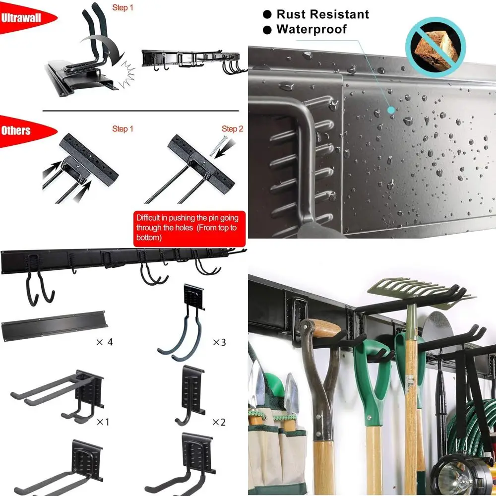 

64 Heavy-Duty Steel Wall-Mounted Tool Rack, 13-Piece Storage System with 9 Hooks for Garage & Garden Tools