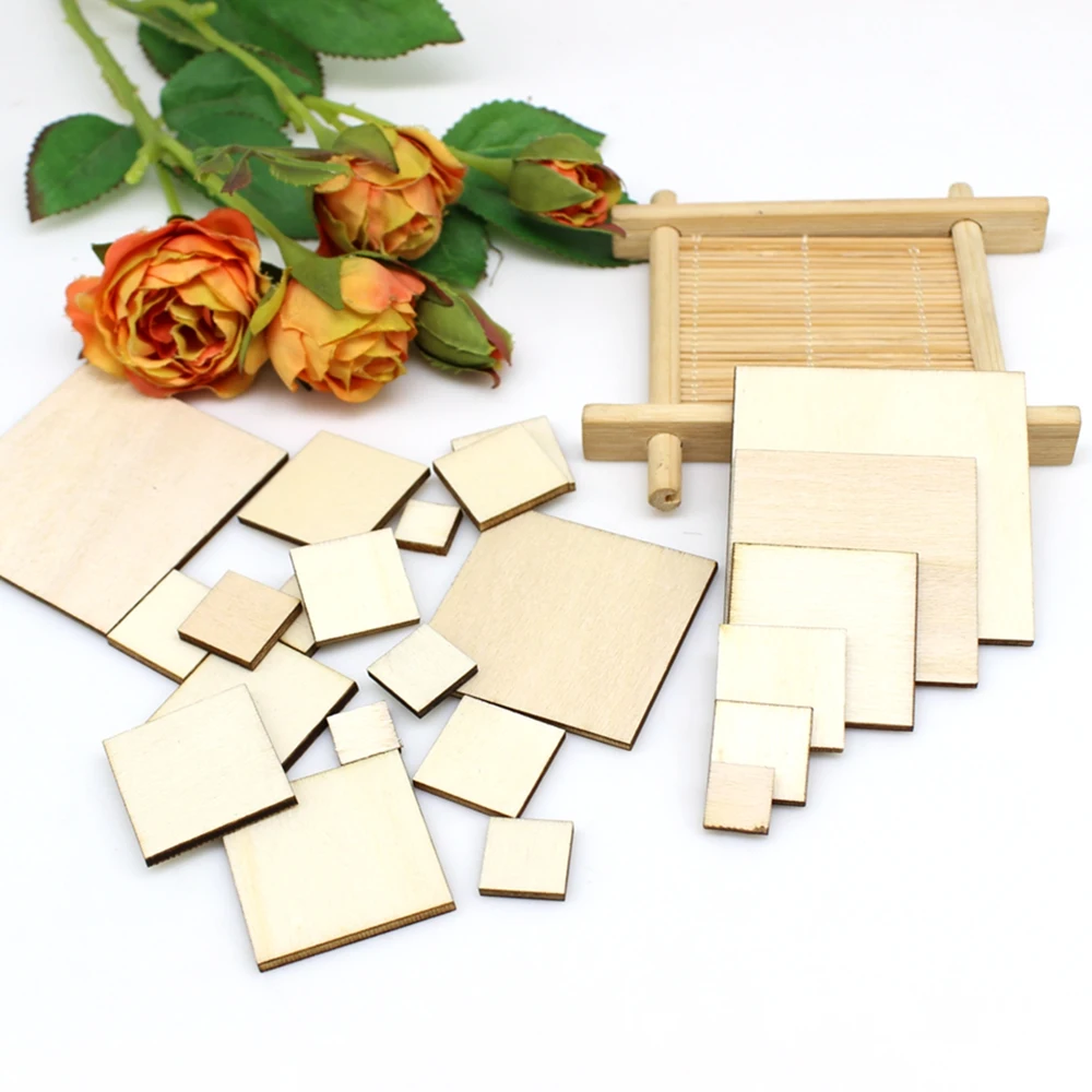 15/100pcs 10-50mm Unfinished squares Wood Sheet DIY Printed Blank Wooden Plate Model Slices Supplies Scrapbook Decorative Craft