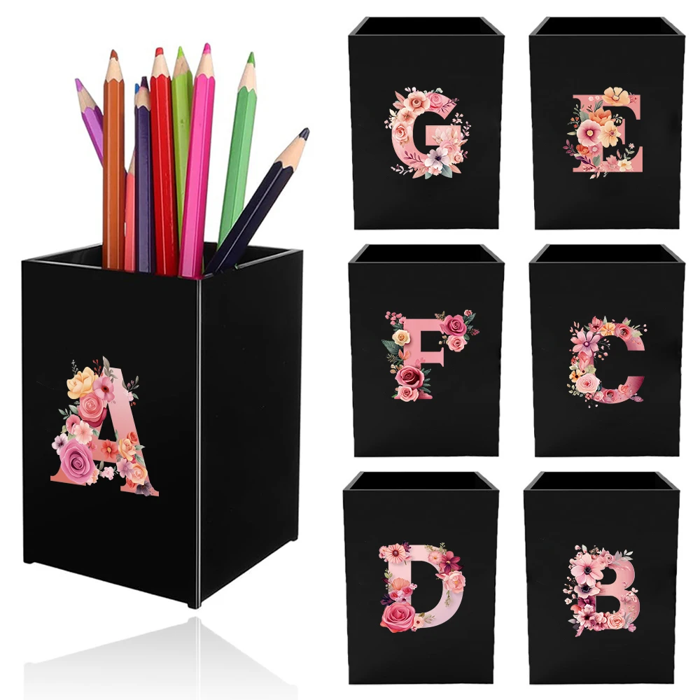 

Practical Acrylic Pen Holde Girls Large Capacity Pencil Case Desktop Pen Holder Pink Rose Initial Name 26 Letters Pattern