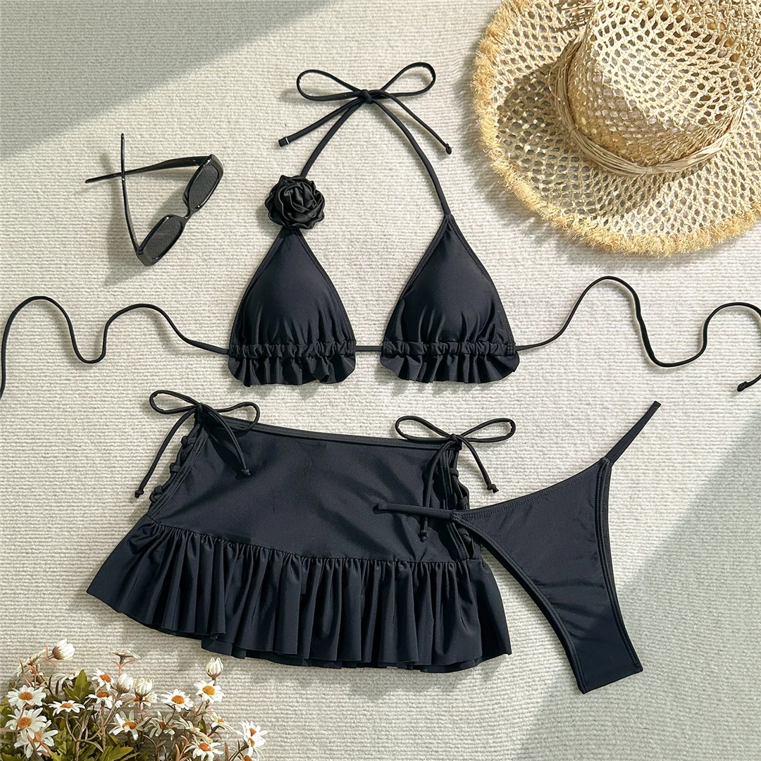 Mit Rock, 3D-Blumenmuster, Neckholder-Bikini, Damen-Badebekleidung, dreiteiliges Bikini-Set, Badeanzug mit Rüschen, Badebekleidung, Schwimmbekleidung V7442 – Detail 14