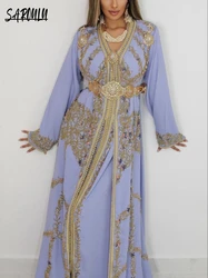 Moroccan Takshita V-neck Evening Dresses Long Sleeve A-line Customized Caftan Beaded Applique Floor-length Gown Robe De Mariée