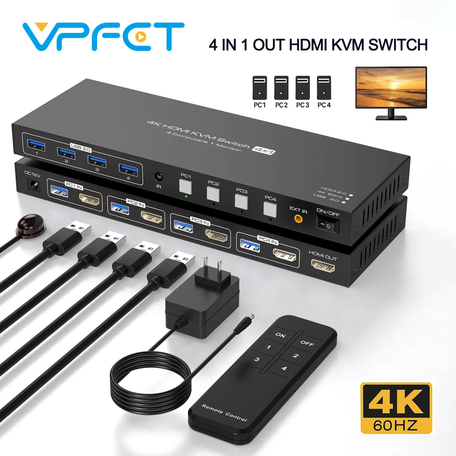 

KVM-переключатель HDMI 1 монитор 4 компьютера KVM-переключатель 4K при 60 Гц 4 ПК Поделиться 1 монитор и четыре устройства USB3.0 Мышь Клавиатура Принтер