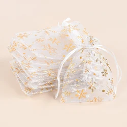20Pcs Snowflake Organza Gift Bags Jewelry Pouches Gold Silver Snow Drawstring Bag Christmas Party Birthday Wedding Candy Packing