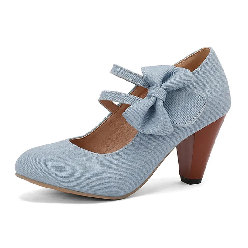 Blue Denim Pumps New Autumn Round Toe Ladies Shoes Side Sweet Bow Chunky Heels Shoes Woman zapatos mujer Big Size 35-43 WSH5141