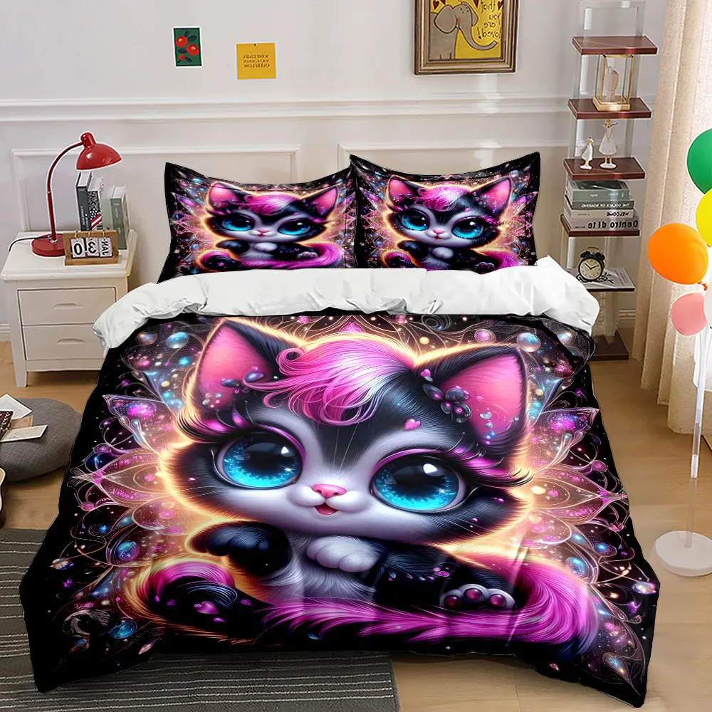 Dreamy Cat with Vibrant Effects Bedding Set for Kids Luxury Gift 3pcs Digital Print Comforter Set Soft Comfortable Breathable