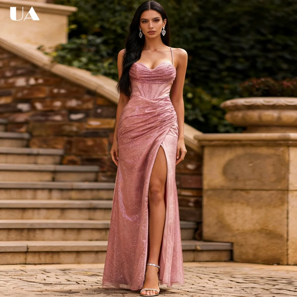 

ULBYANRY Customized Satin Backless Prom Dress with Spaghetti Strap Elegant Sleeveless Draped Evening Dress Sexy Slit Party Dress