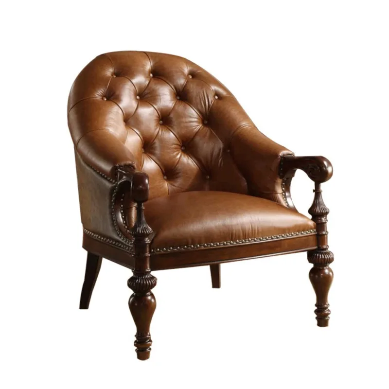

American solid wood sofa chair high-end leather tiger chair, bedroom retro living room light luxury leisure chair single