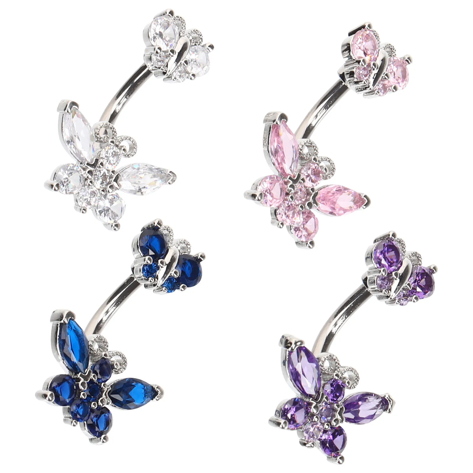 

4pcs Zircon Butterfly Navel Ring Colorful Stainless Steel Belly Button Dangle Piercing Shiny Women Girls Body Jewelry