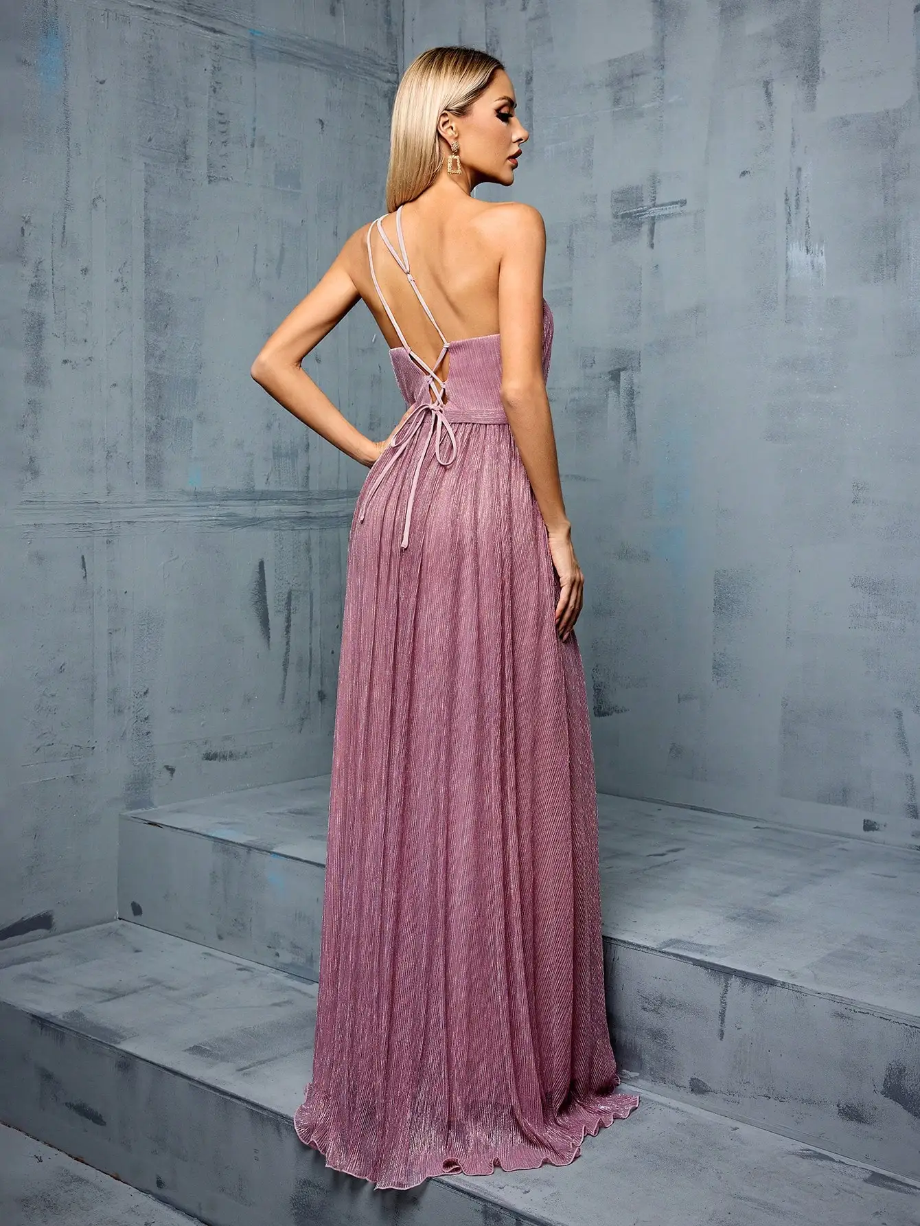 Mgiacy One shoulder asymmetrical deep V-neck pleated slit A full skirt Evening gown PROM dress Party dress