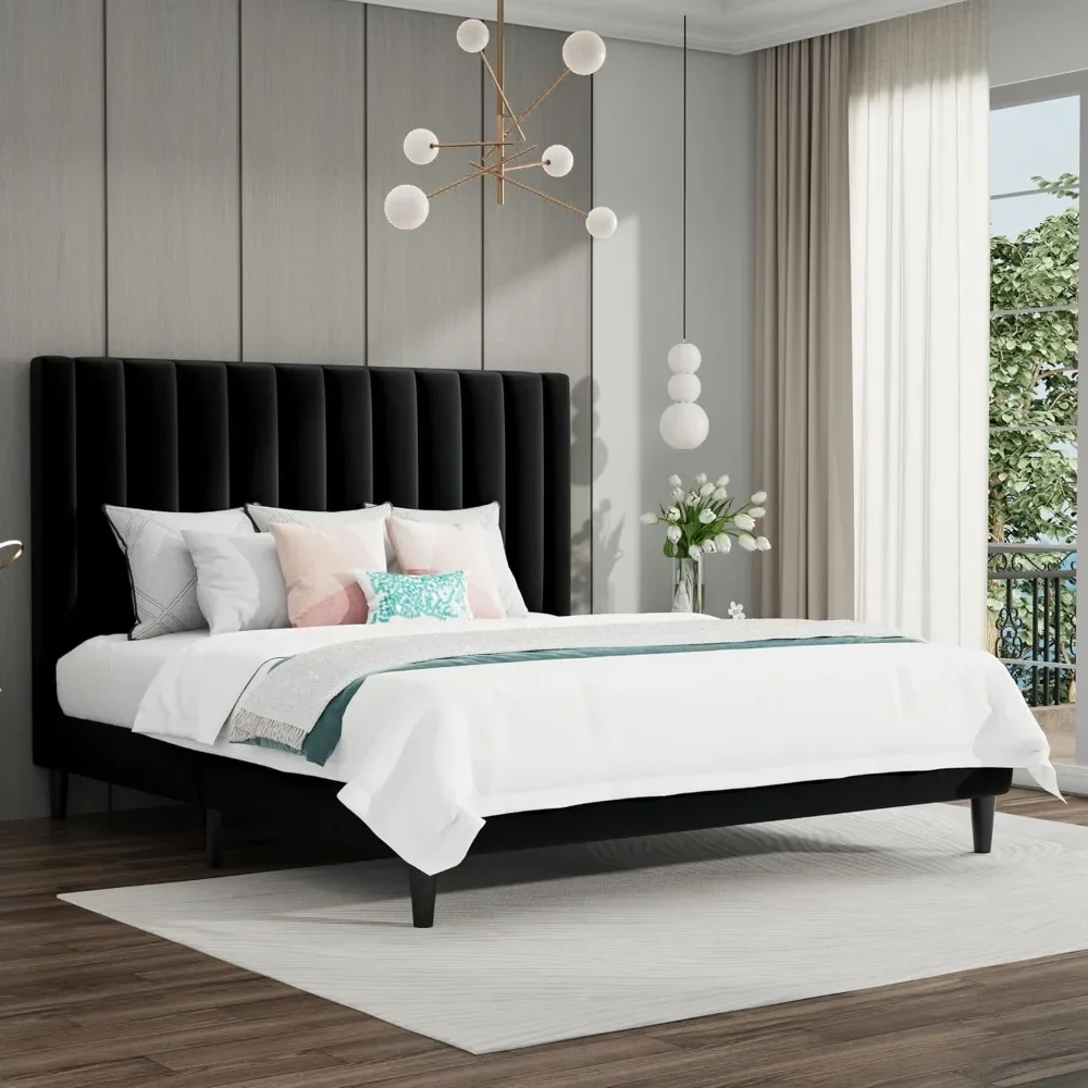 

Bed Frame/Velvet Upholstered Platform Bed Frame with Headboard/Strong Wood Slats Support/Mattress Foundation