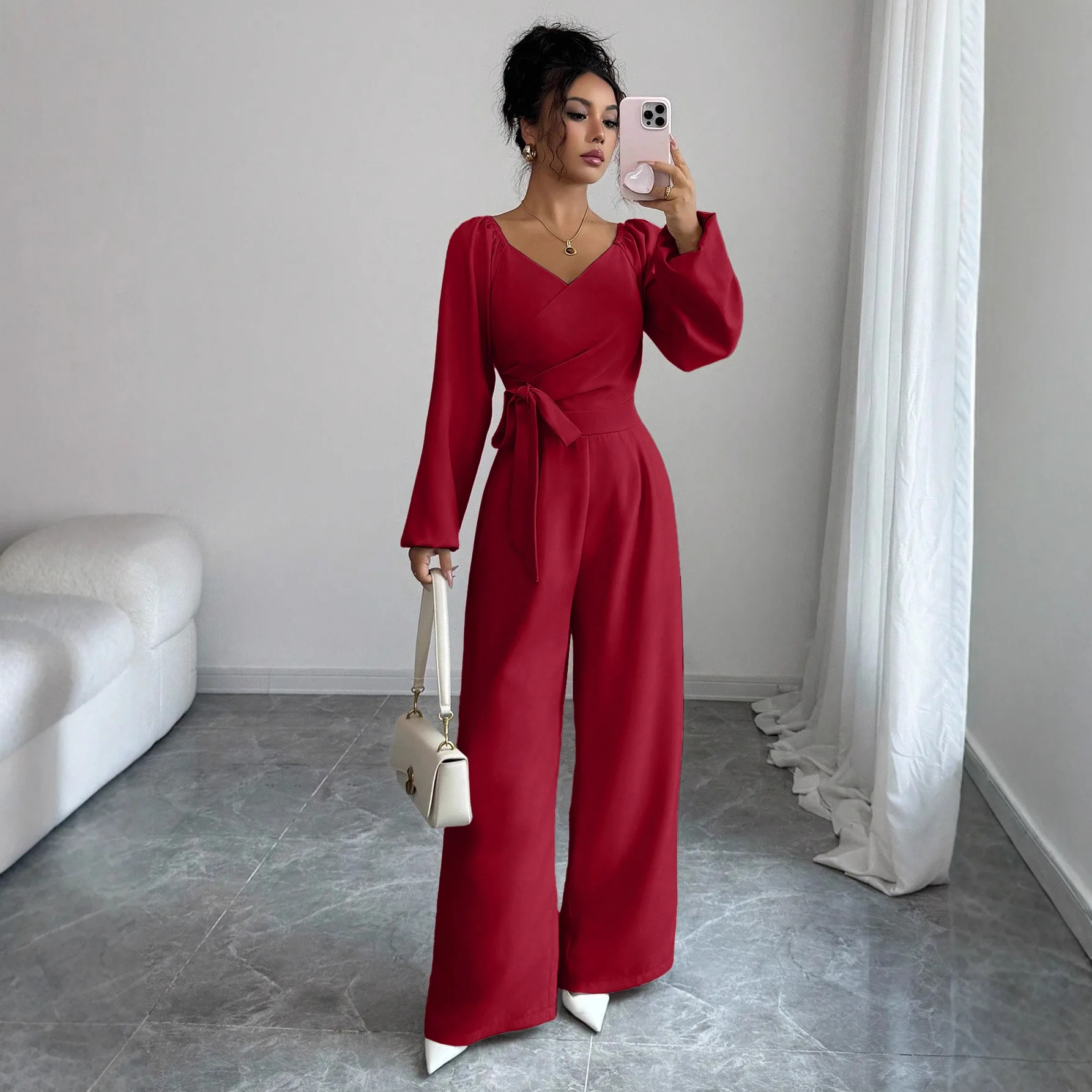 

Women's Clothing 2026 Spring And Autumn Elegant Solid Color Long Sleeve V-neck Waist-cinching Wide-leg Jumpsuit