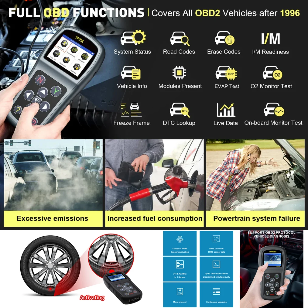 CGSULIT TPMS90 & CGSULIT TS01 العالمي TPMS 315 ميجا هرتز/433 ميجا هرتز الاستشعار سيارة كاشف ضغط الإطارات مبرمج أداة يناسب 98% مركبة