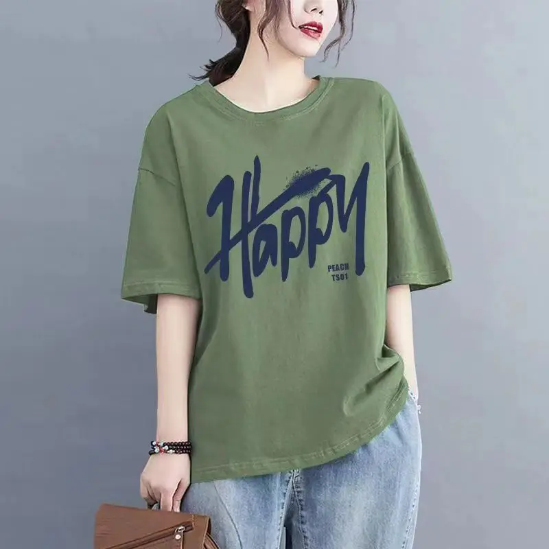 DAYIFUN Solid Color T-shirt Women's Summer American Letter Printing Streetwear Tees Short Sleeved Round Neck Girls oversized Top