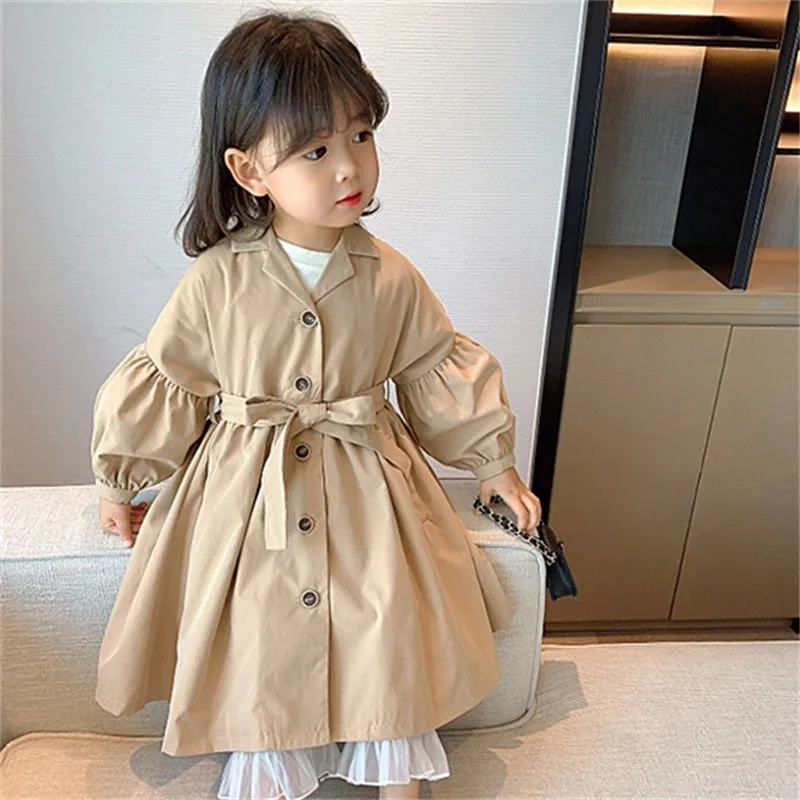 Spring Autumn Girls Windbreaker Coat Mid-Length British Style Casual Coat For 2-8 Years Old Kids Jacket Teenage Girls Clothing